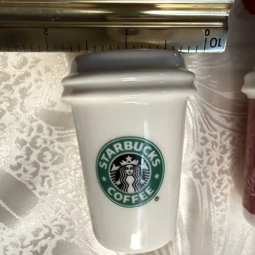 Starbucks 2006 Holiday Christmas Ornaments Set of 2 Travel To Go Cups Ceramic